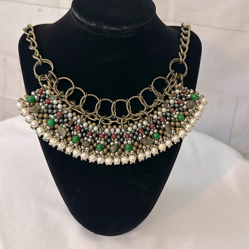 Pam Hiran Anthropologie Beaded Collar Necklace Natural Beads and Stones